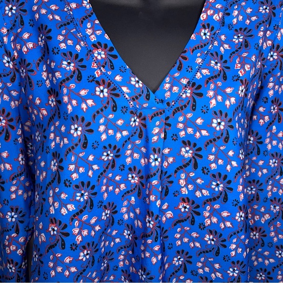 XS J Crew Blue Long Sleeve Blouse Vneck Red White Floral Boho Bohemian Colorful - Picture 4 of 13